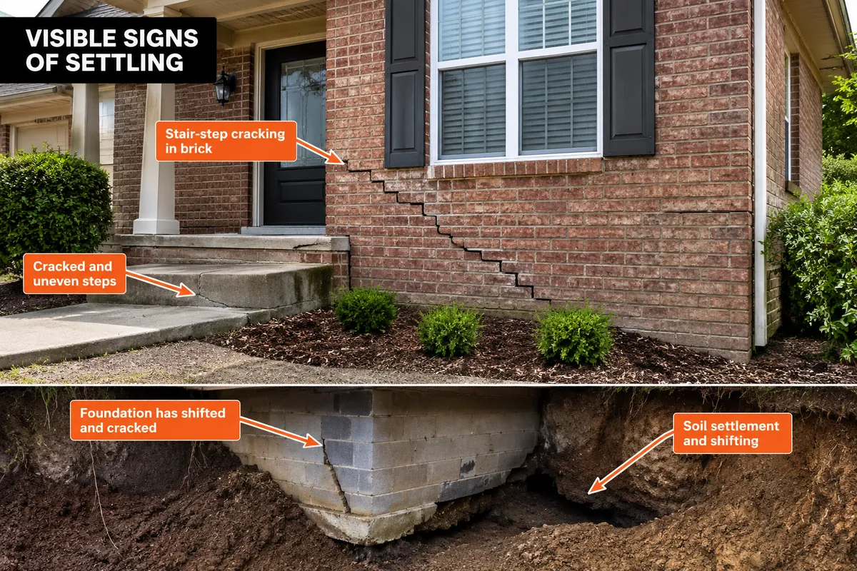 Infographic of visible signs of settling: stair-step cracking in brick, cracked and uneven steps, a foundation that has shifted and cracked, and soil settlement and shifting